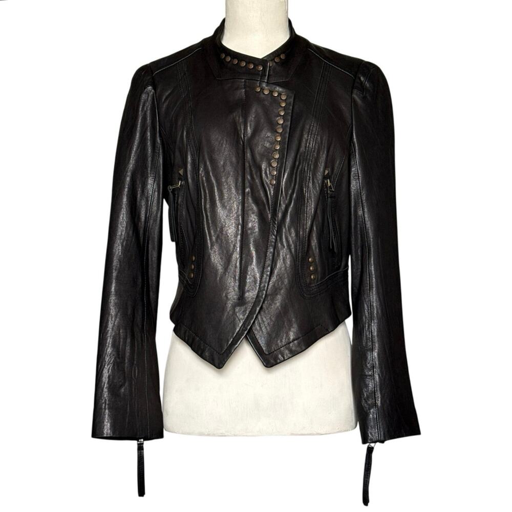 1st Avenue Womens Lambskin Leather Studded Moto Jacket Black Cropped Large EUC - Picture 1 of 16